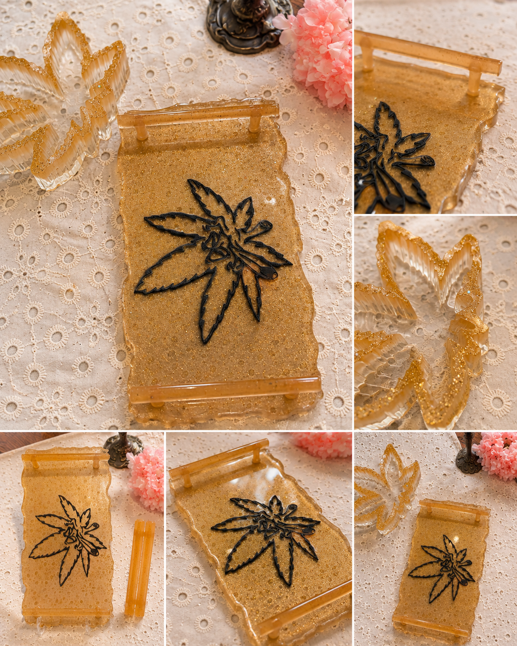 Clear & Gold Sparkle Resin Rolling Tray Set with Handles – Leaf Character Edition