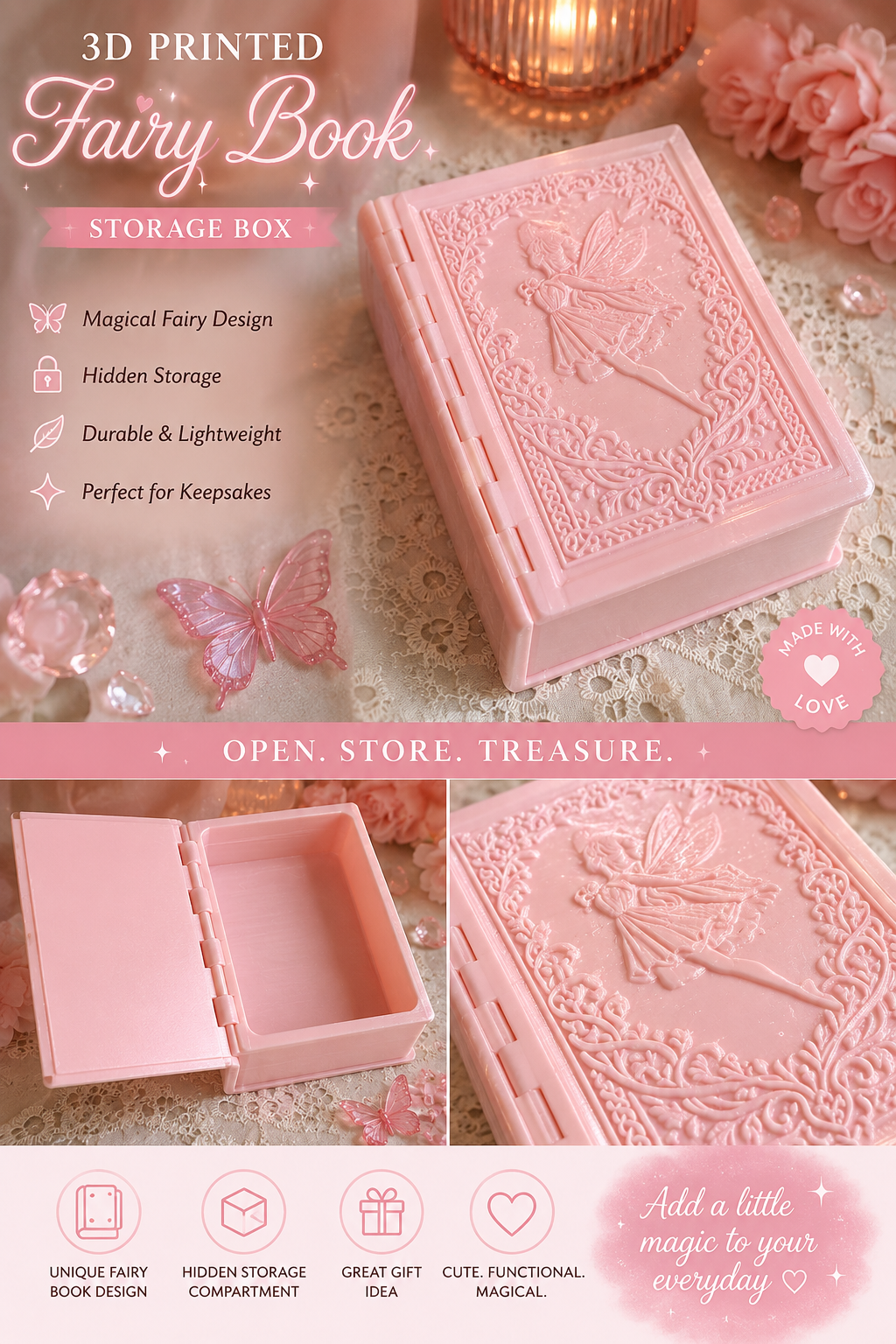 Pink Fairyland Book Storage Box – 3D Printed Whimsical Stash Box