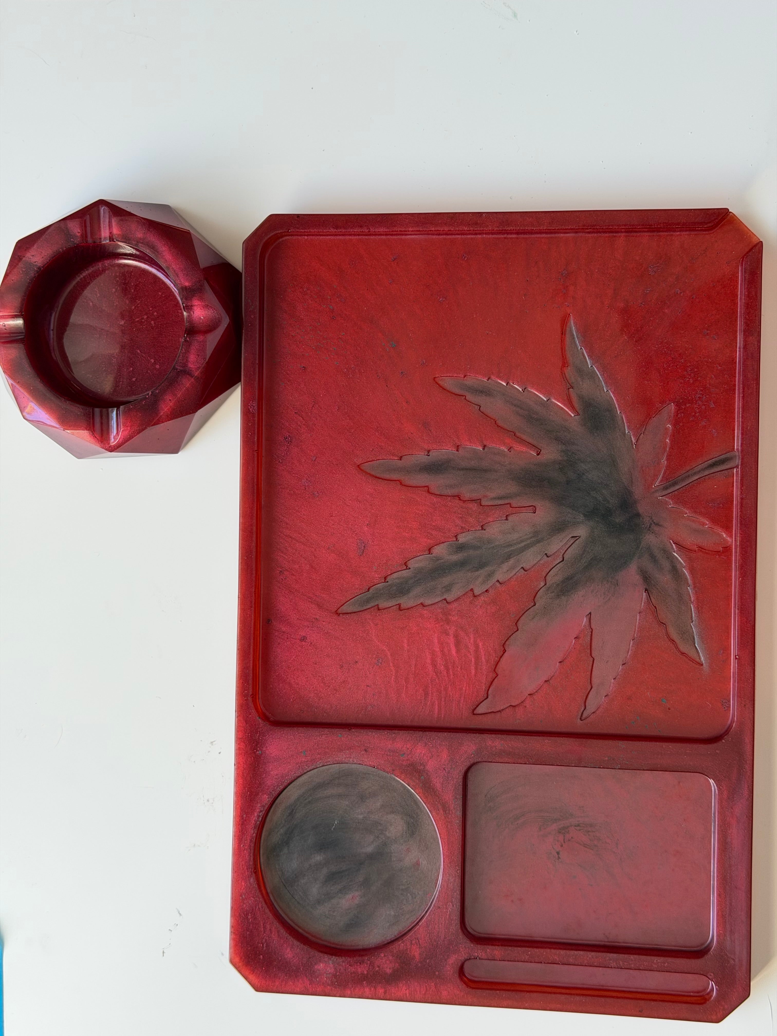 Burgundy & Black Resin Rolling Tray Set – Bold, Sleek & Unisex