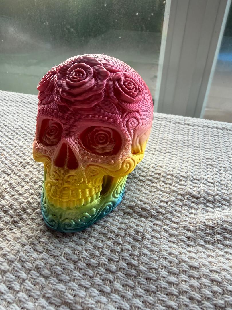 Rainbow Rose Skull Figure – 3D Printed Art Decor